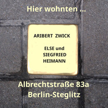 Kachel für Aribert Zwick und Else und Siegfried Heimann für die Stolpersteinverlegung am 9.11.2023. Bild: jh