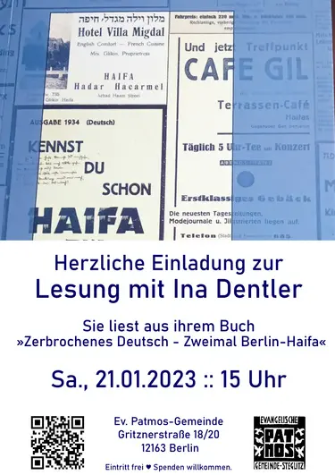 Plakat zur Lesung von Ina Dentler am 21. Januar 2023 um 15 Uhr. Plakat downloadbar.
