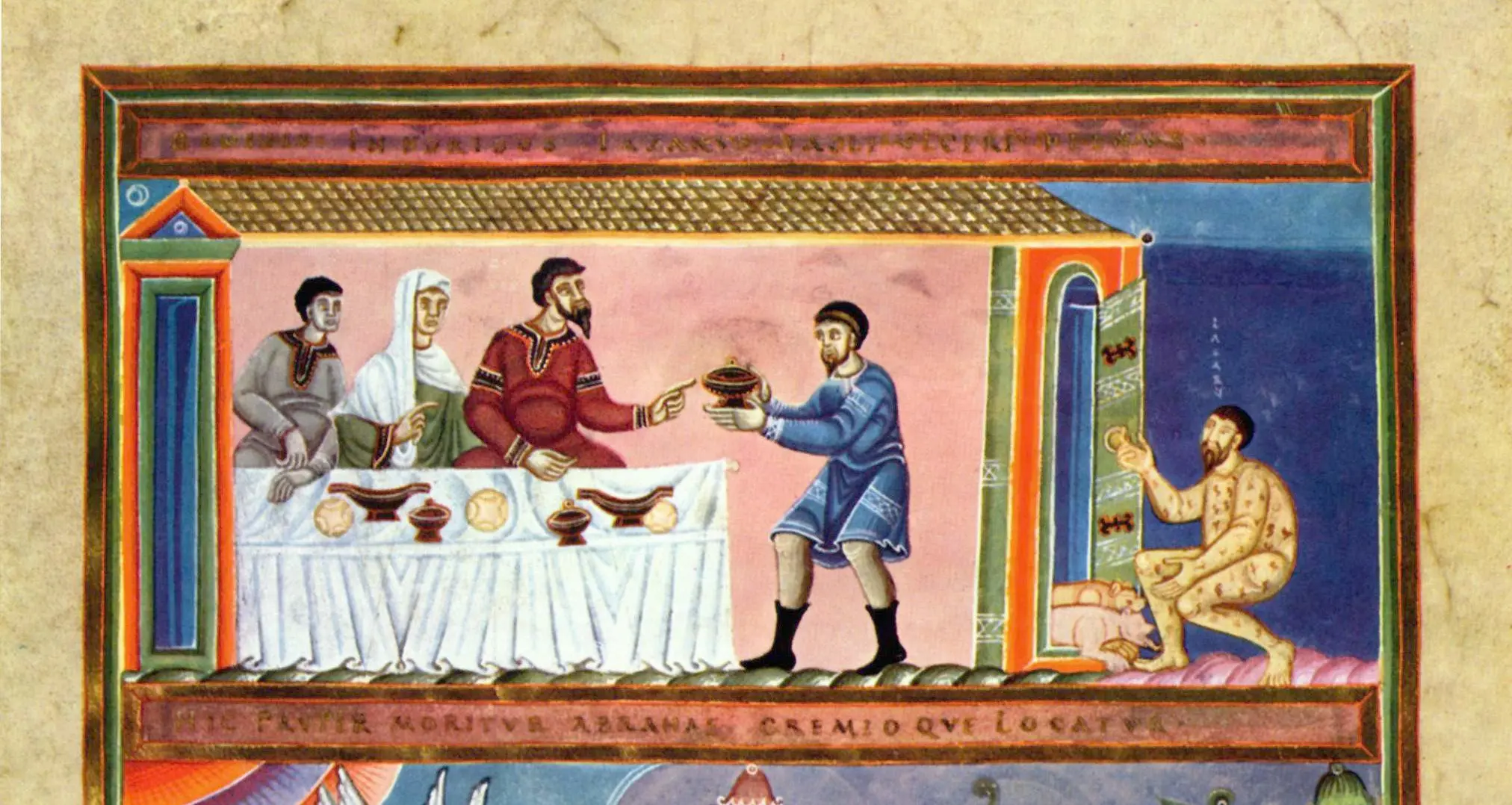 Geschichte vom reichen Mann und vom armen Lazarus. Das Gleichnis im Codex aureus Epternacensis. [Ausschnitt :: wiki]