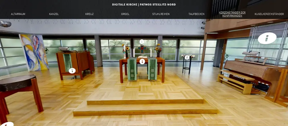 Startseite für den digitalen Spaziergang durch den Kirchraum der Ev. Patmos-Gemeinde.