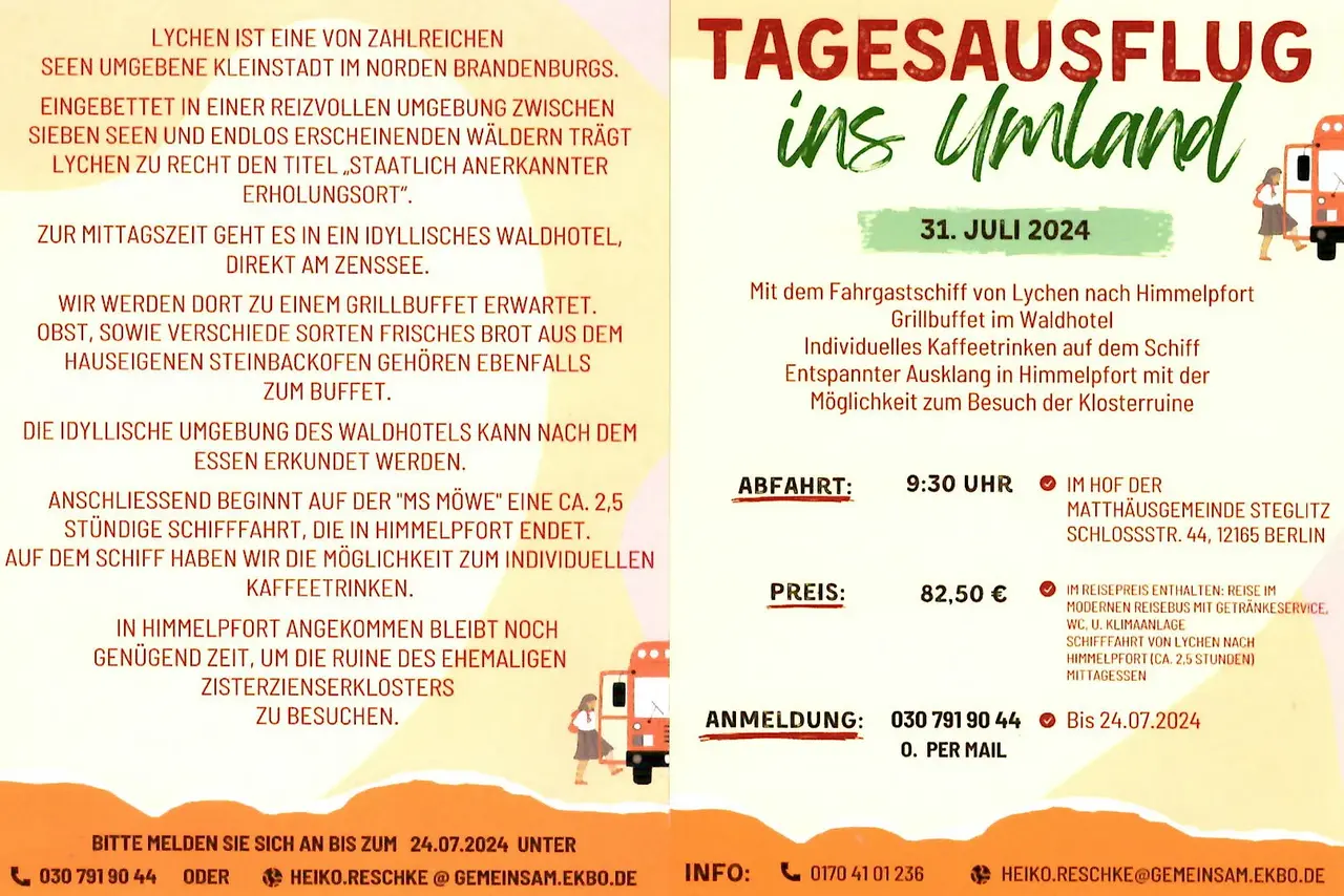 Ausflug mit der Ev. Matthäus-Gemeinde ins Umland. Bitte auch die Angebote des Kirchenkreises für Ältere beachten.