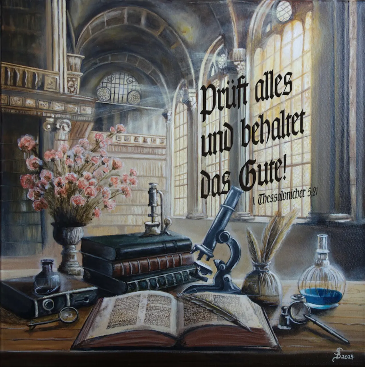 Acrylgemälde: Schreibtisch mit Büchern und Mikroskop in einer alten Bibliothek. Text der Jahreslosung.