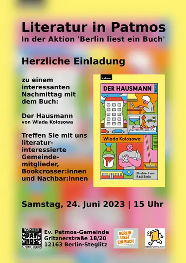 Plakat zum Literaturnachmittag in Patmos. Freitag, 24.6.2023 um 15 Uhr