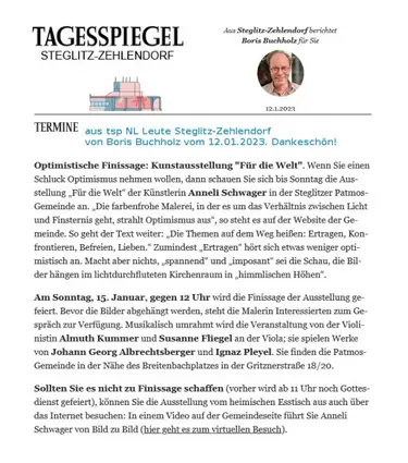 Screenshot (zusammengestellt) aus dem Newsletter Tagesspiegel Leute Steglitz-Zehlendorf von Boris Buchholz vom 12.1.2023.
