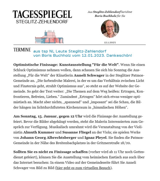 Screenshot (zusammengestellt) aus dem Newsletter Tagesspiegel Leute Steglitz-Zehlendorf von Boris Buchholz vom 12.1.2023.