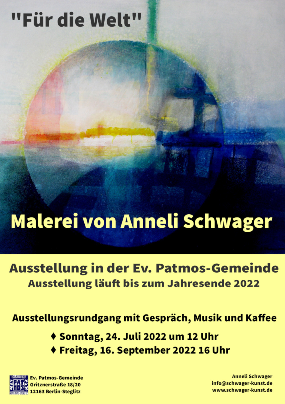 Einladungsplakat zu den beiden Rundgängen mit der Künstlerin Anneli Schwager. Bild: Licht in der Finsternis 2016-19, Mischtechnik, Leinwand, 80x90 cm