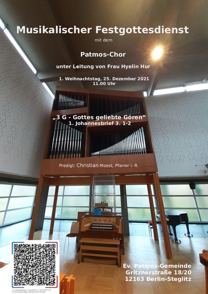 Plakat zum musikalischen Festgottesdienst mit Patmos-Chor. Bitte Anmeldeformular ausfüllen. Downloadlink hinter dem Bild.