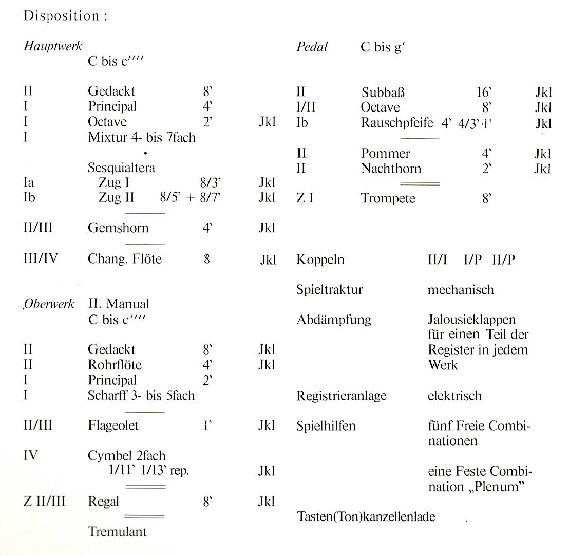 Wortlaut der Disposition aus dem Buch der Orgel-Projekte 1942-1978 von Schulze und Kühn Seite 71